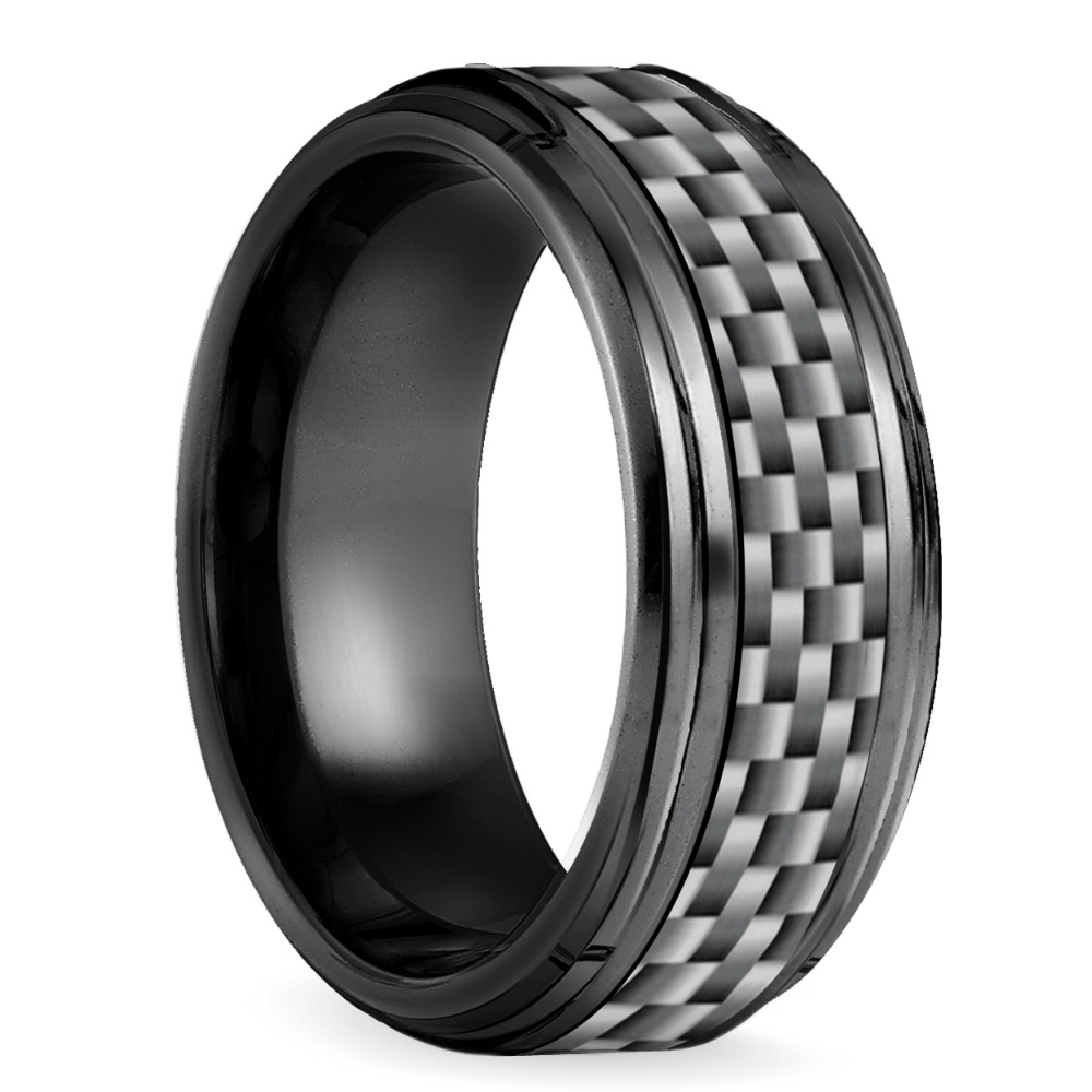 Beveled Carbon Fiber Men's Wedding Ring in Black Titanium (9mm)