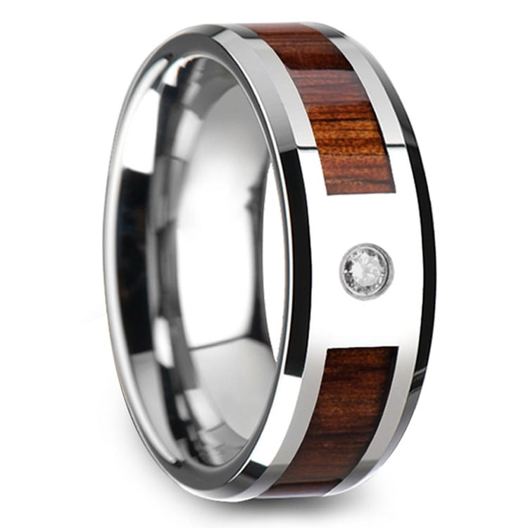 Beveled Diamond Men's Wedding Ring with Koa Wood Inlay in