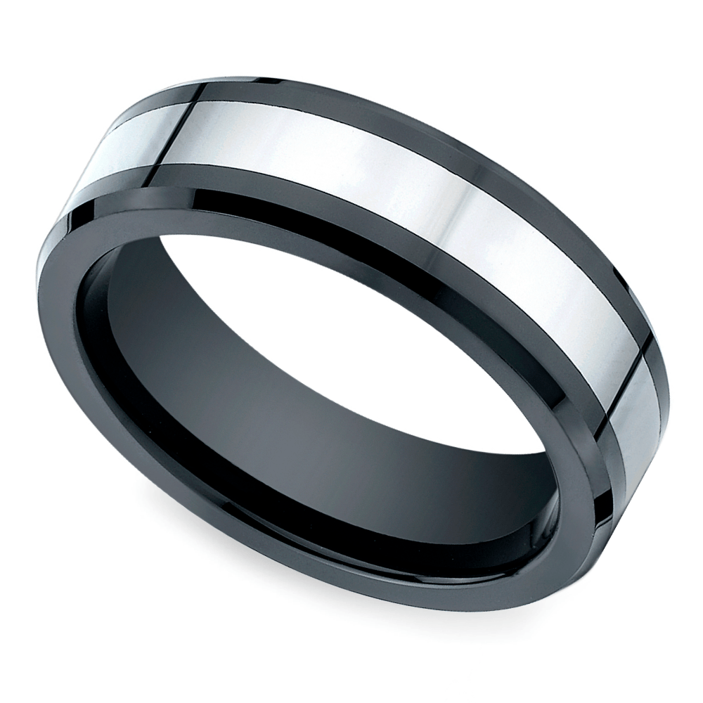 Beveled Cobalt Inlay Men's Wedding Ring in Ceramic (7mm) | 01
