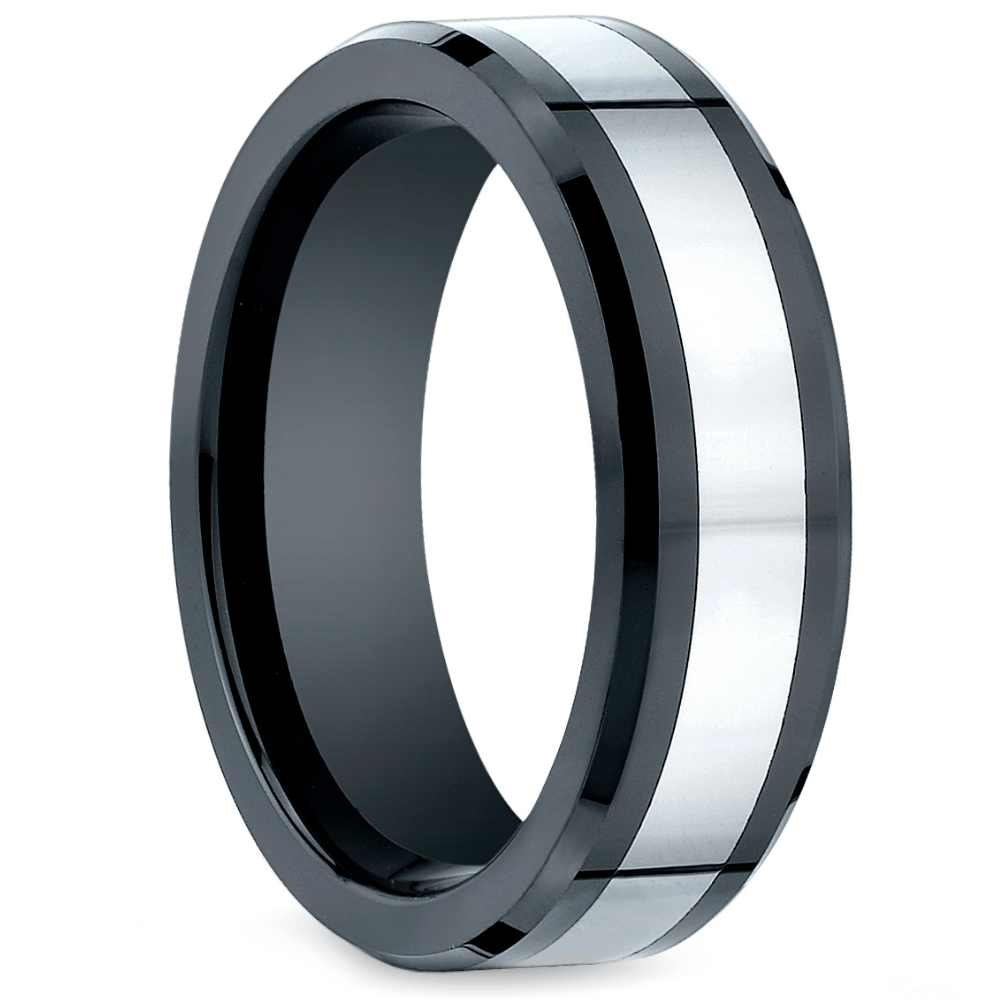 Beveled Cobalt Inlay Men's Wedding Ring in Ceramic (7mm) | 02