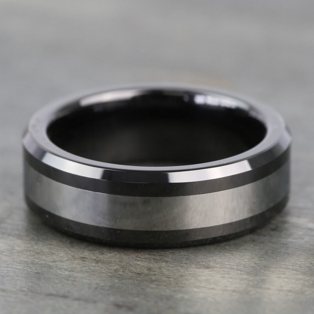 Beveled Cobalt Inlay Men's Wedding Ring in Ceramic (7mm) | 03