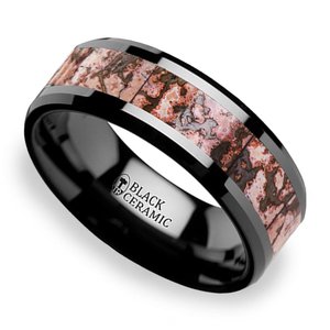 Beveled Pink Dinosaur Bone Inlaid Men's Wedding Ring In Black Ceramic (8mm)