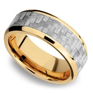Beveled Silver Carbon Fiber Inlay Men's Wedding Ring in 14K Yellow Gold (8mm)