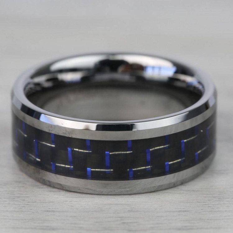 NYBUCHI Tungsten Carbid Men Black Polished Edge Blue Carbon Fiber Inlay Ring Wedding Bands