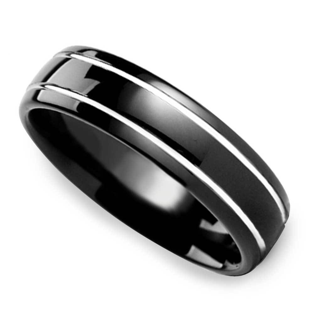 Black Domed Men's Wedding Ring with White Groove in Tungsten (6mm) | 01