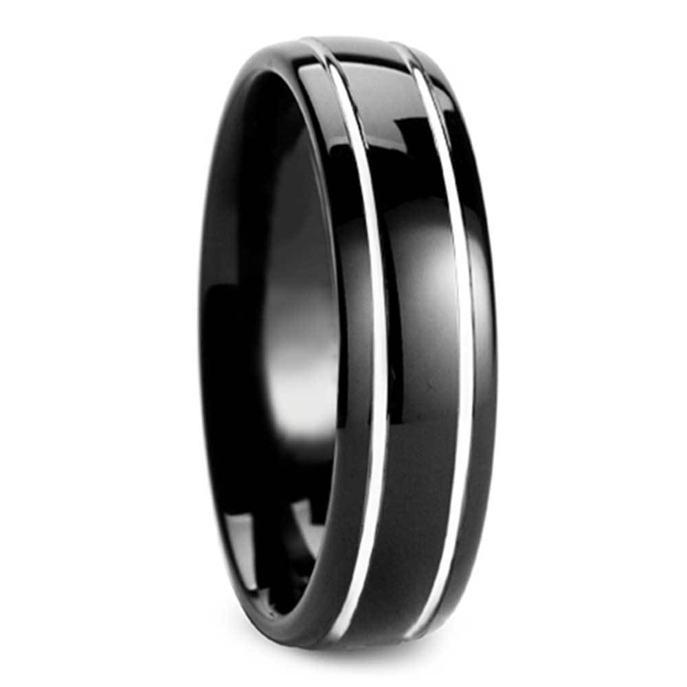 Black Domed Men's Wedding Ring with White Groove in Tungsten (6mm) | 02