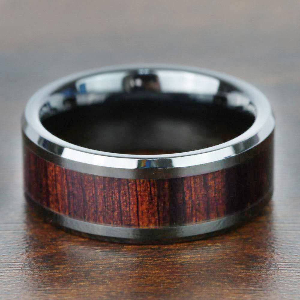 Black Ebony - Black Ceramic Mens Ring with Wood Inlay (8mm) | 04