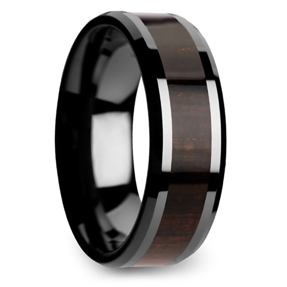 Black Ebony - Black Ceramic Mens Ring with Wood Inlay (8mm) | 02