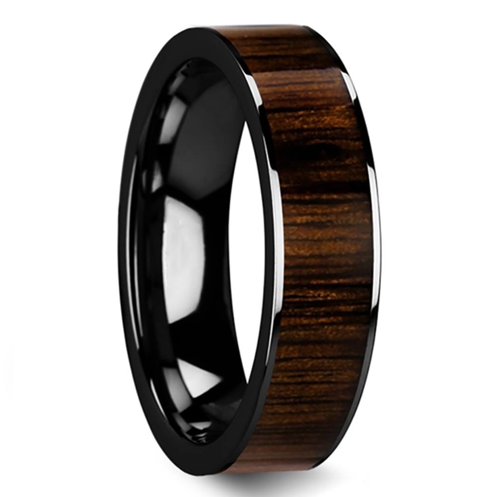 Black Walnut Wood Inlay Men's Ring in Black Ceramic