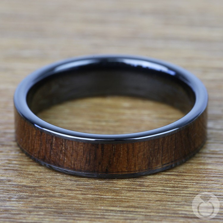 Black Walnut Wood Inlay Men's Ring in Black Ceramic (6mm)