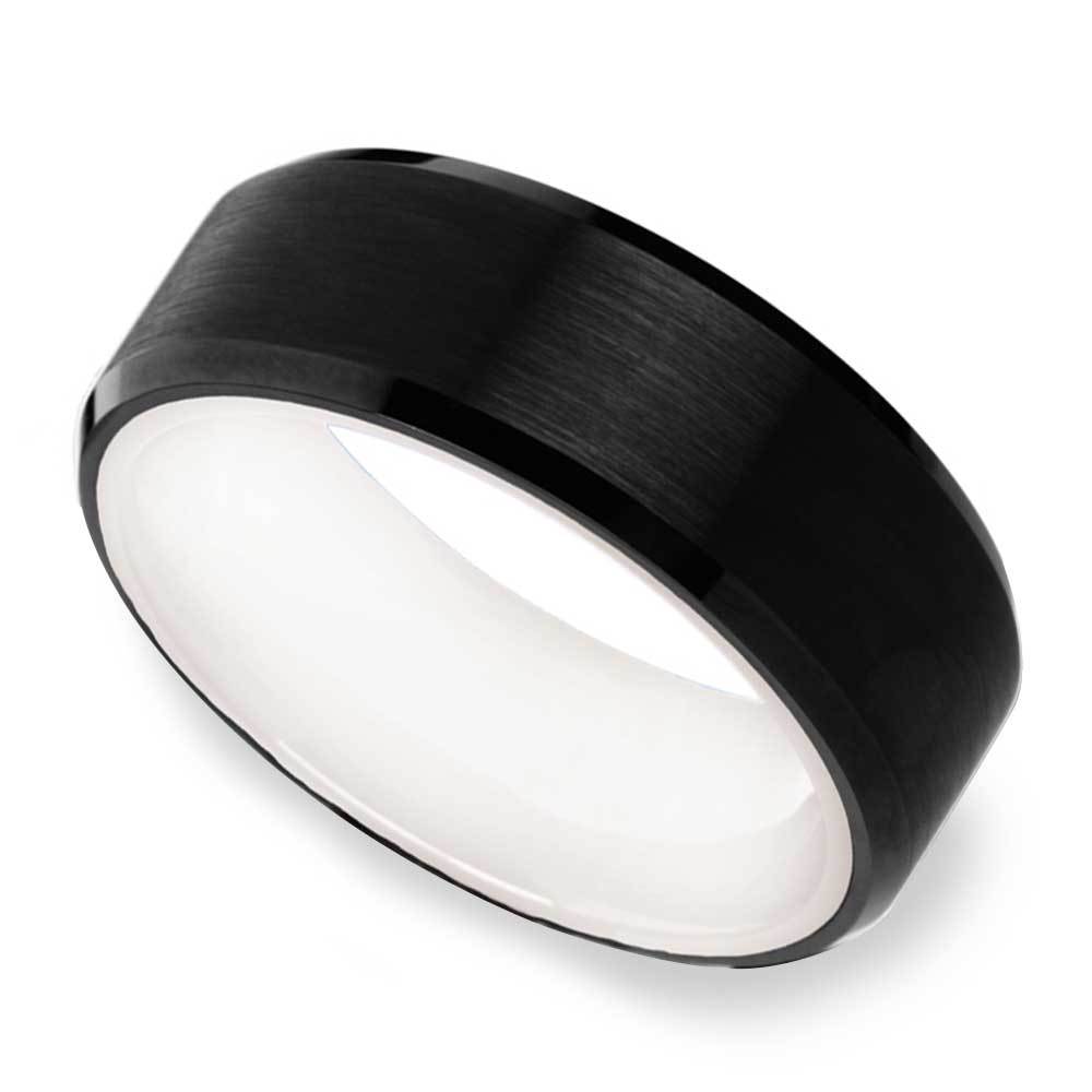Monochrome Mens Ring - Black Tungsten With White Ceramic Insleeve (8mm) | 01