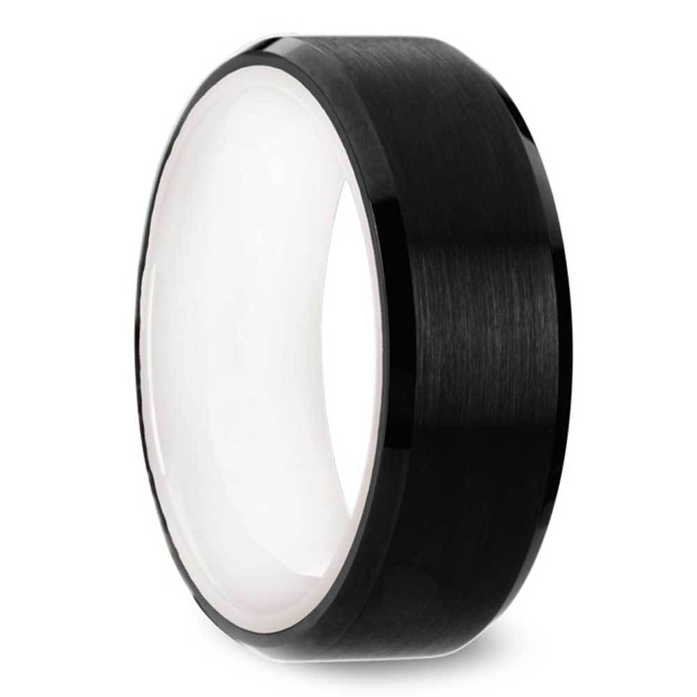 Monochrome Mens Ring - Black Tungsten With White Ceramic Insleeve (8mm) | 02