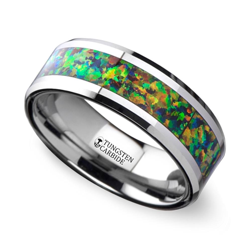 Irradiated - Blue & Orange Opal Inlay Men's Wedding Ring in Tungsten (8mm) | Zoom