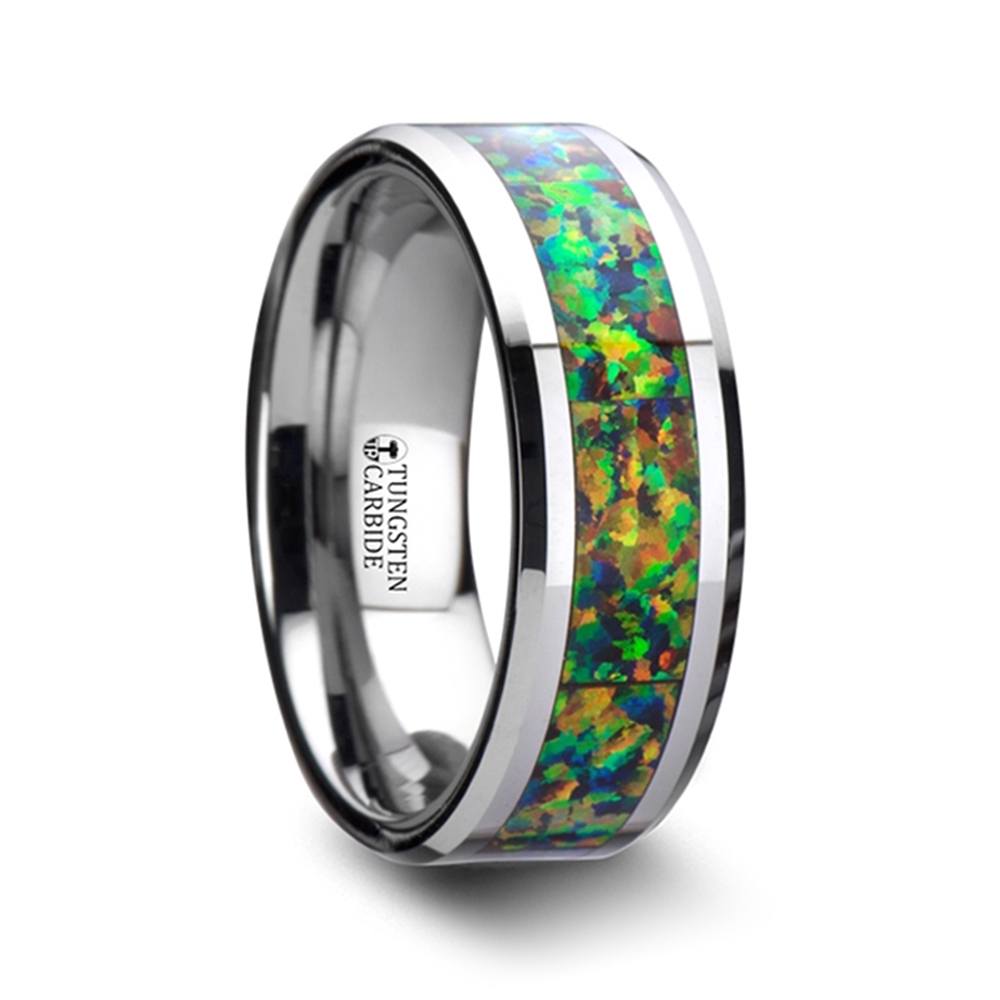 Irradiated - Blue & Orange Opal Inlay Men's Wedding Ring in Tungsten (8mm) | 02