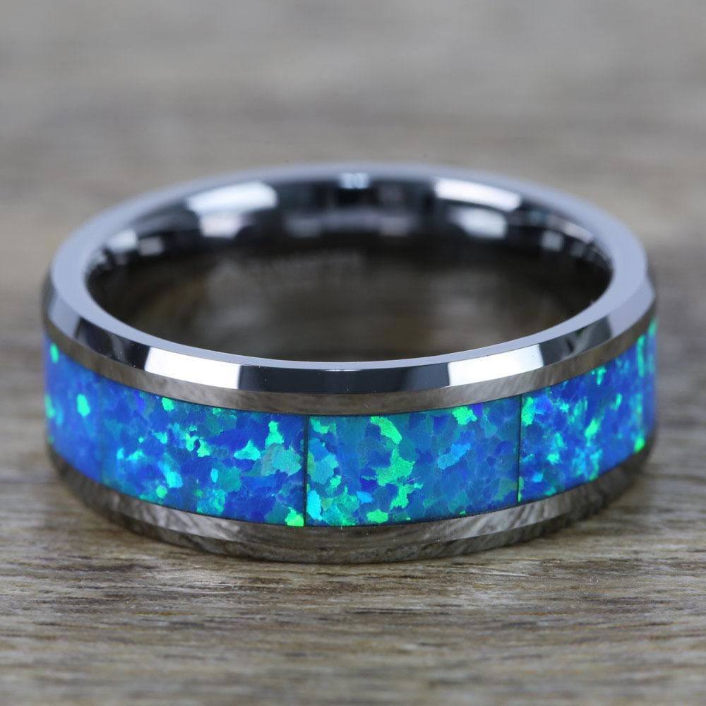 Cerulean - Blue Green Opal Inlay Men's Wedding Ring in Tungsten | 04