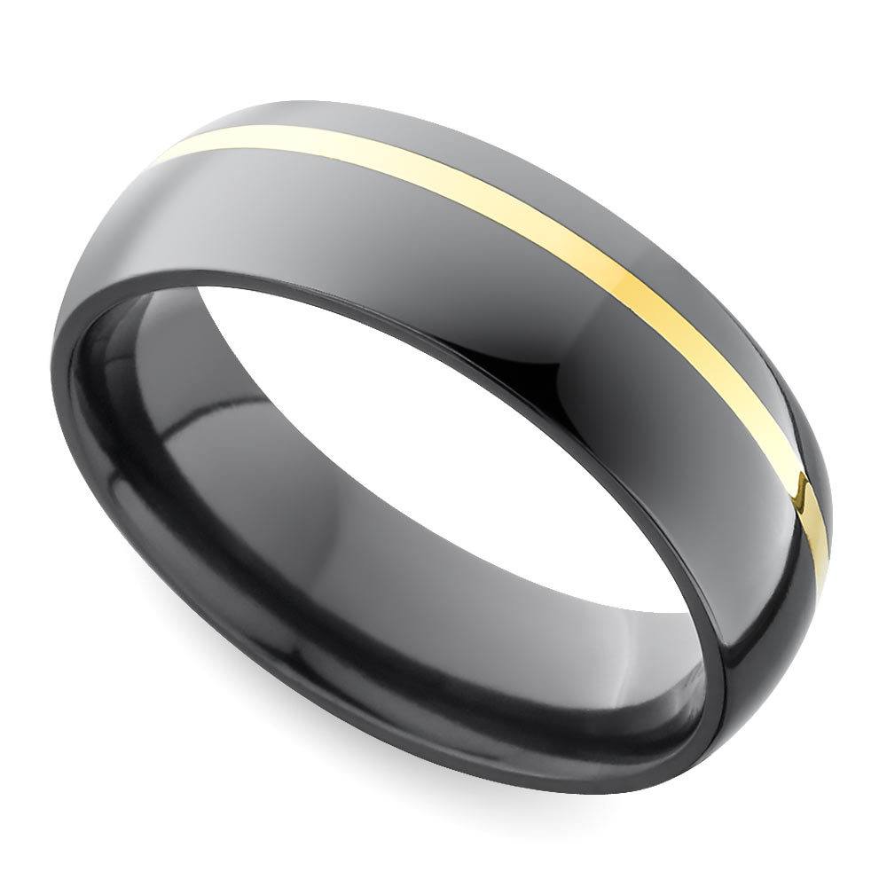Comfort Fit Wedding Band Mens 8mm Beveled Edge Black Ceramic Ring w/ Yellow Gold Plated Greek Grecca Inlay Center 