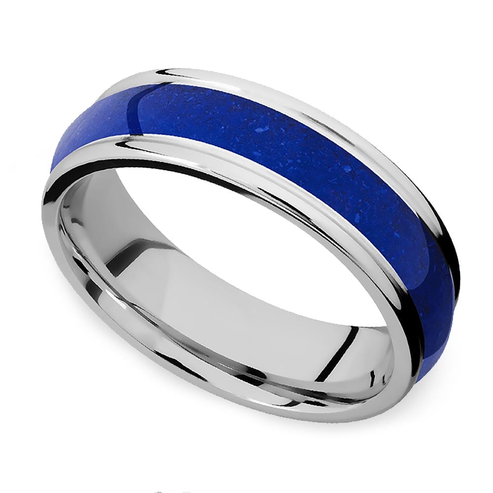Deep Blue Sea Domed Edge Cobalt Mens Band with Lapis Inlay