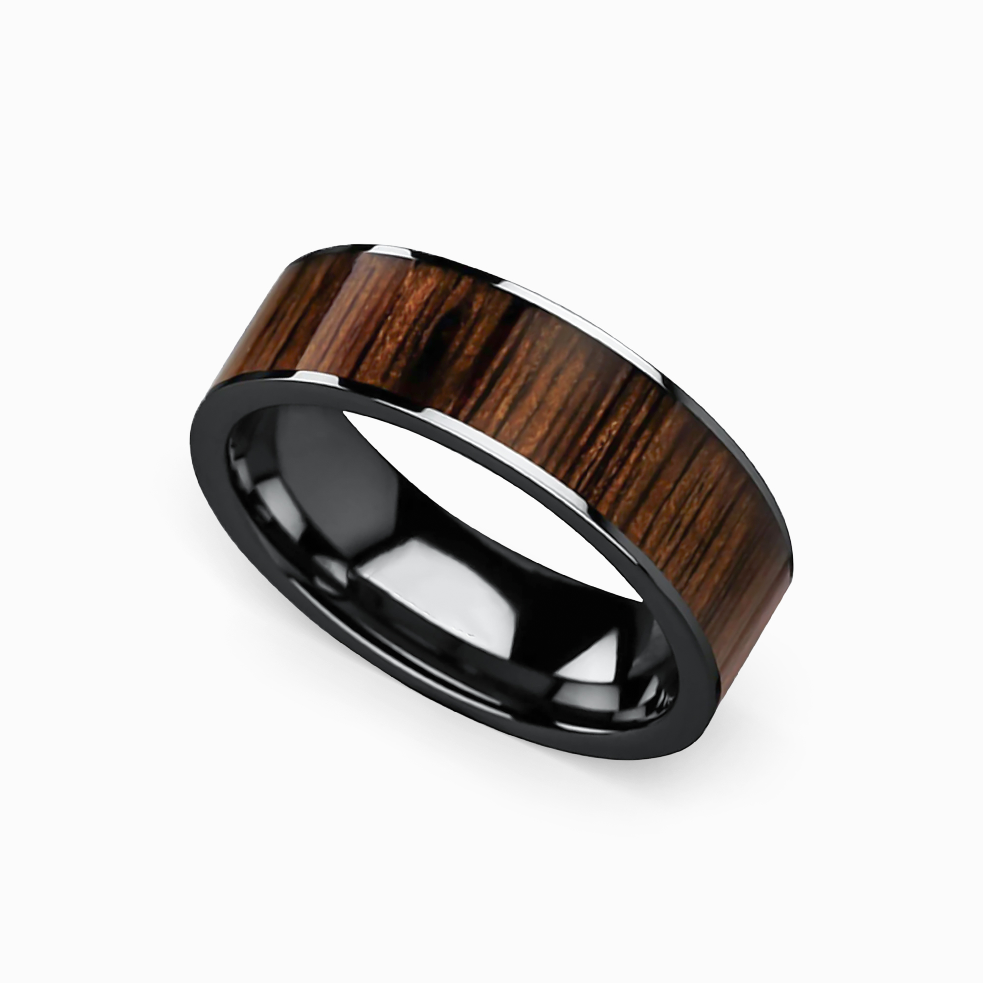 Deep Forest - Black Ceramic Mens Band with Black Walnut Inlay
