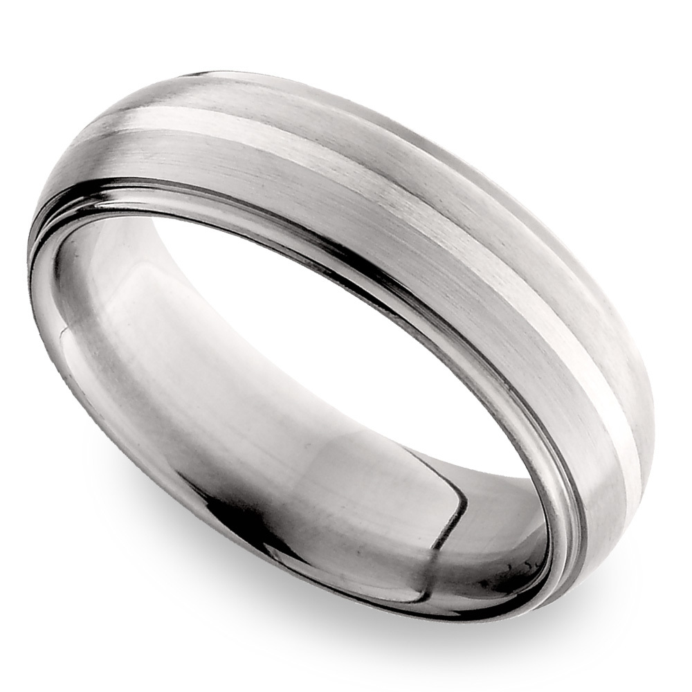 Domed Sterling Silver Inlay Men's Wedding Ring in Titanium (7mm) | 01