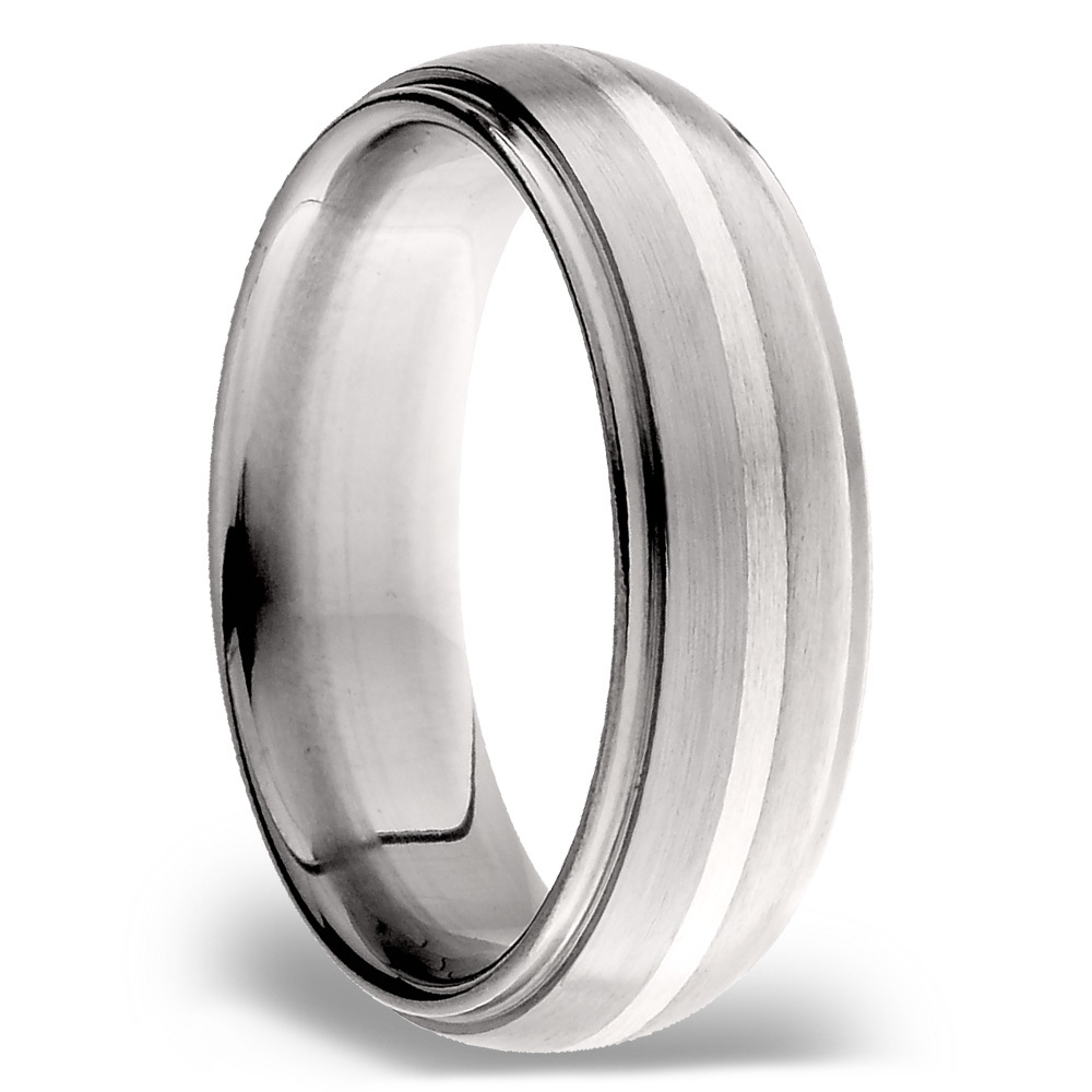 Domed Sterling Silver Inlay Men's Wedding Ring in Titanium (7mm) | 02
