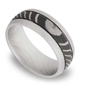Domed Tiger Men's Wedding Ring with Two Accent Grooves in Damascus Steel (8mm)