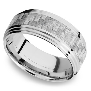 Double Stepped Edges Silver Carbon Fiber Inlay Men's Wedding Ring in 14K White Gold (9mm)