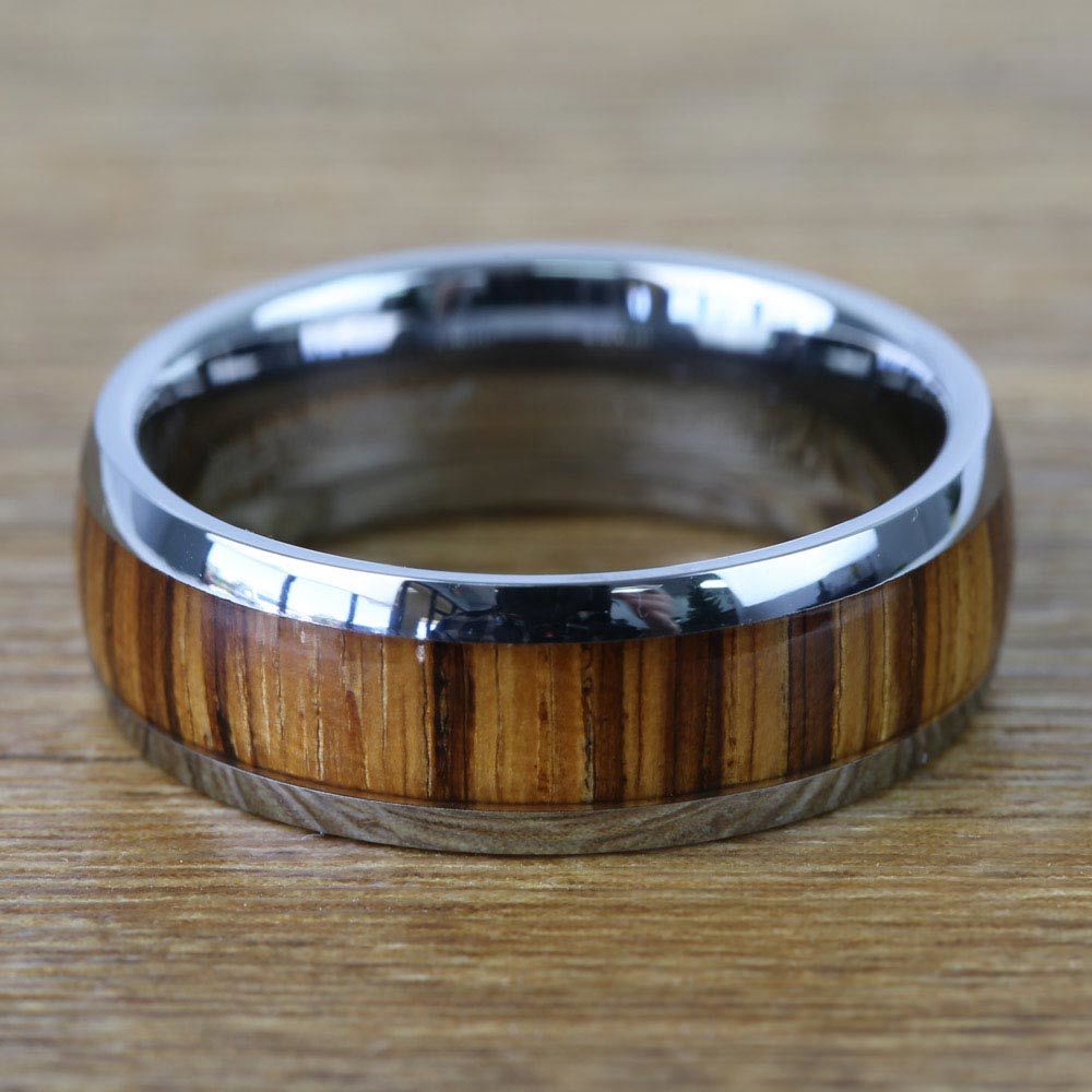 Earned Stripes - Tungsten Mens Band with Domed Zebra Wood Inlay (8mm) | 04