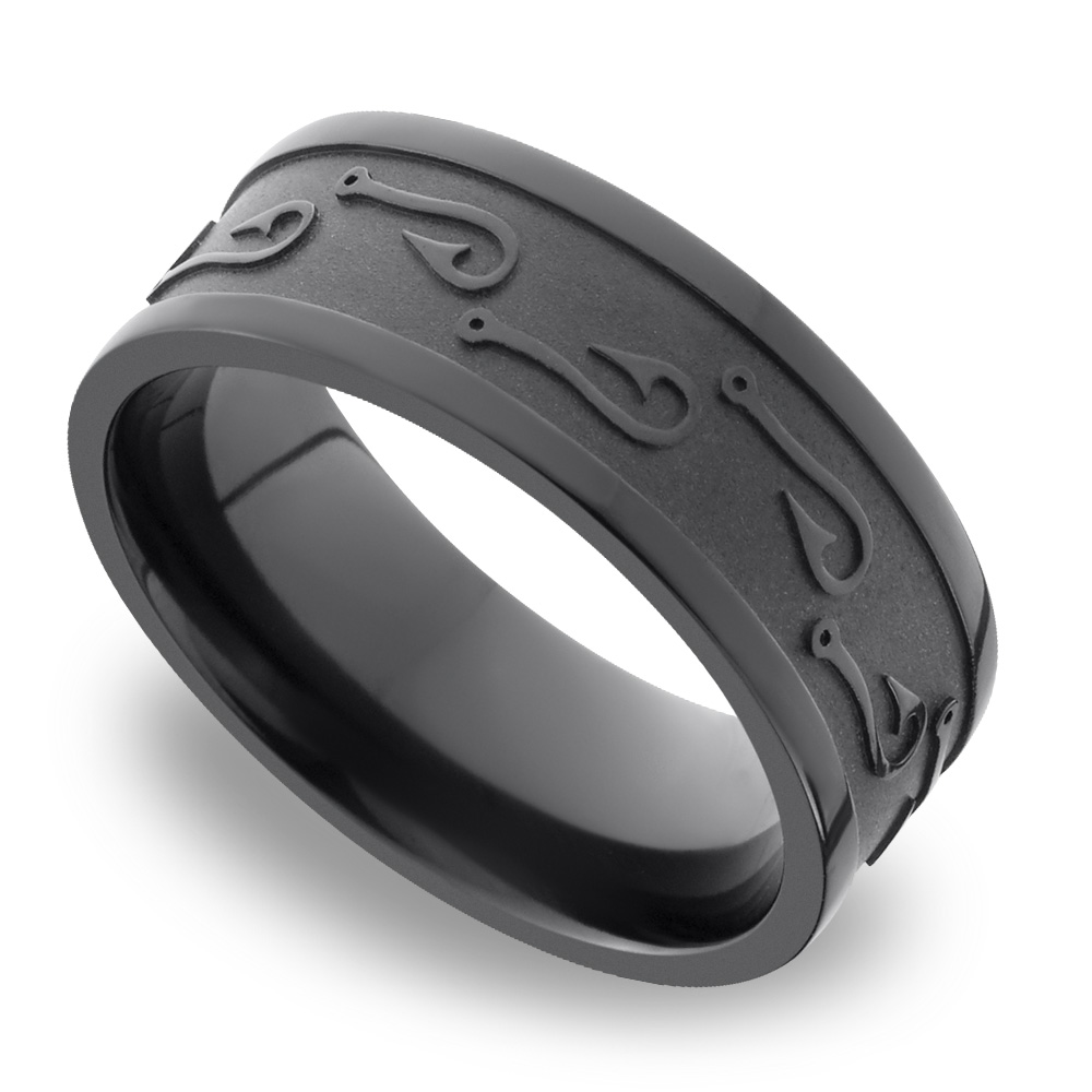 Flat Men's Wedding Ring with fishhooks pattern in Zirconium
