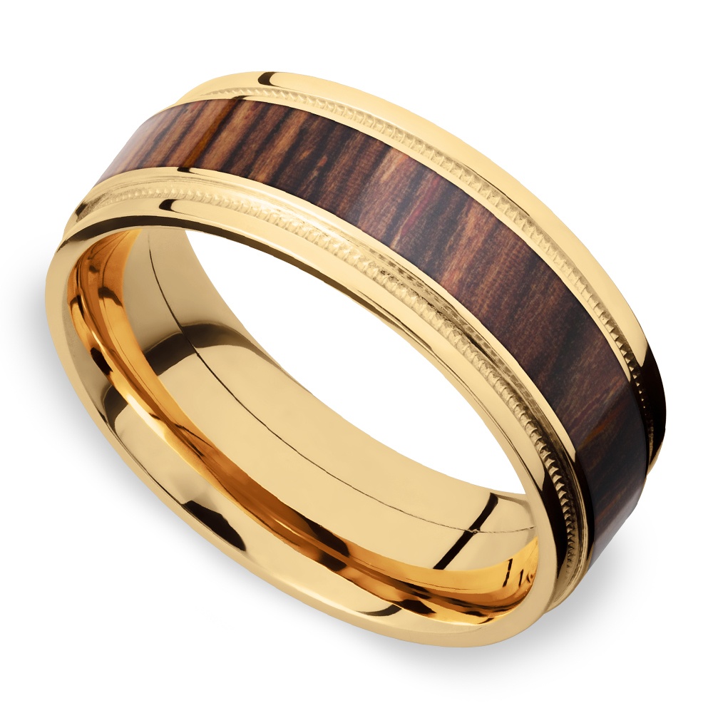 Wall Street - 18K Yellow Gold & Cocobolo Wood Mens Band | Zoom