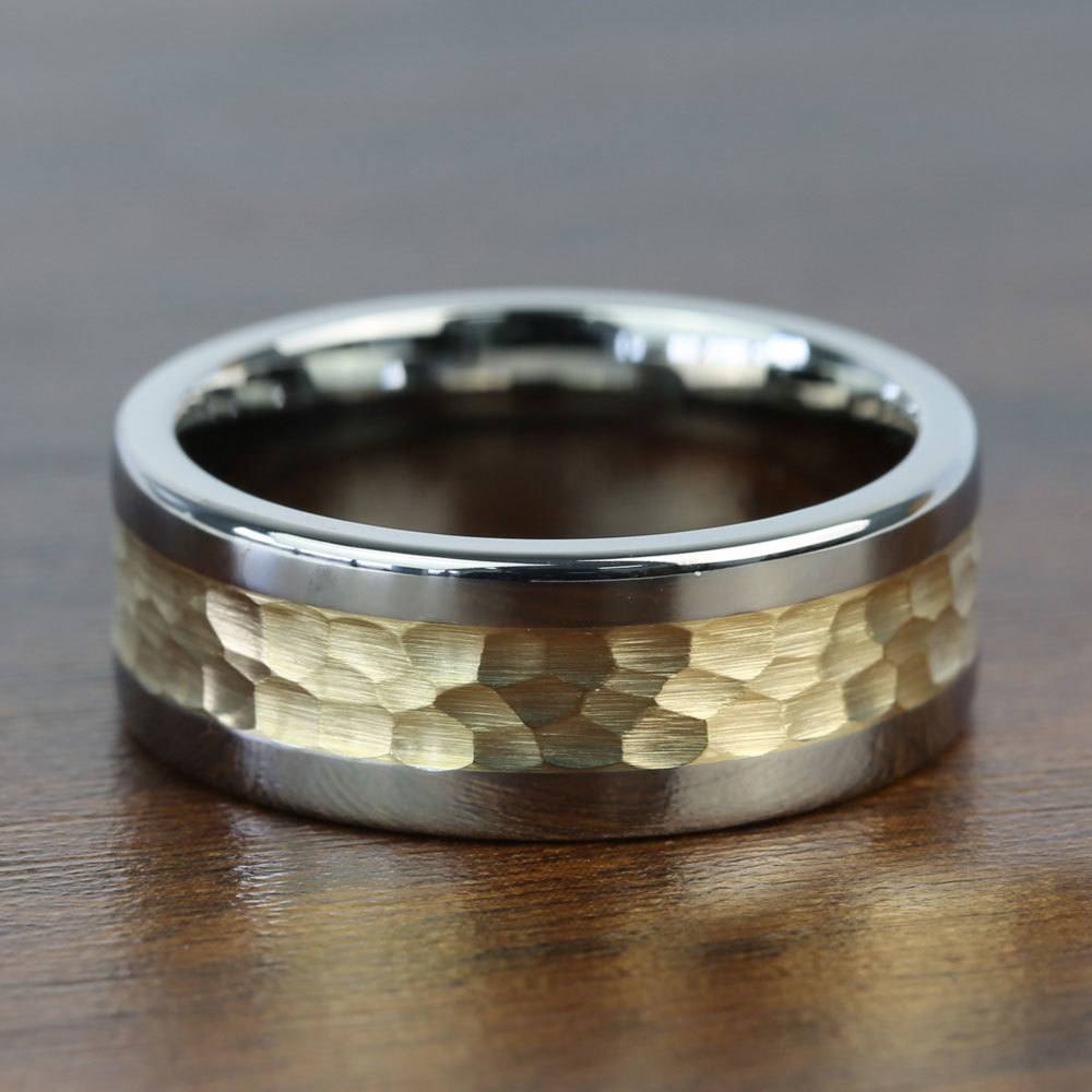 Hammered 14K Yellow Gold Inlay Men's Wedding Ring in Titanium (8mm) | 05