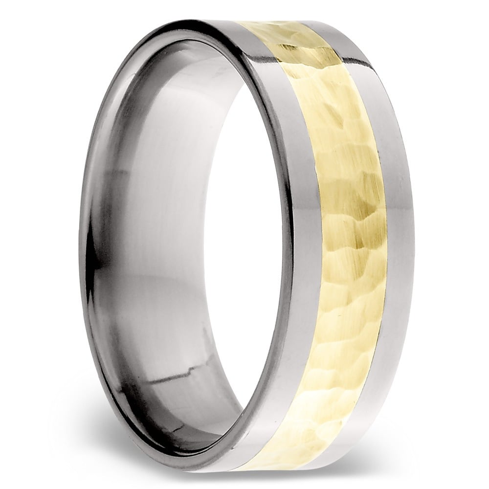 Hammered 14K Yellow Gold Inlay Men's Wedding Ring in Titanium (8mm) | 02
