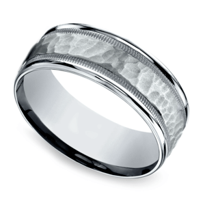 Hammered Milgrain Men's Wedding Ring in White Gold (6mm)