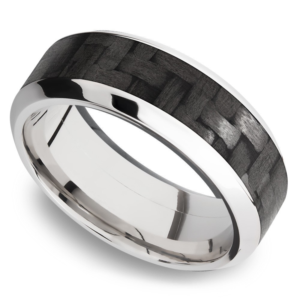 High Bevel Carbon Fiber Inlay Men's Wedding Ring in 14K White Gold (8mm) | Zoom