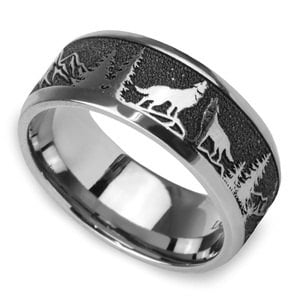 Howl - Wolf and Forest Pattern Mens Band in Titanium (9mm)