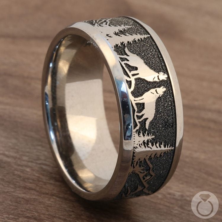 Howl - Wolf and Forest Pattern Mens Band in Titanium (9mm) | 05