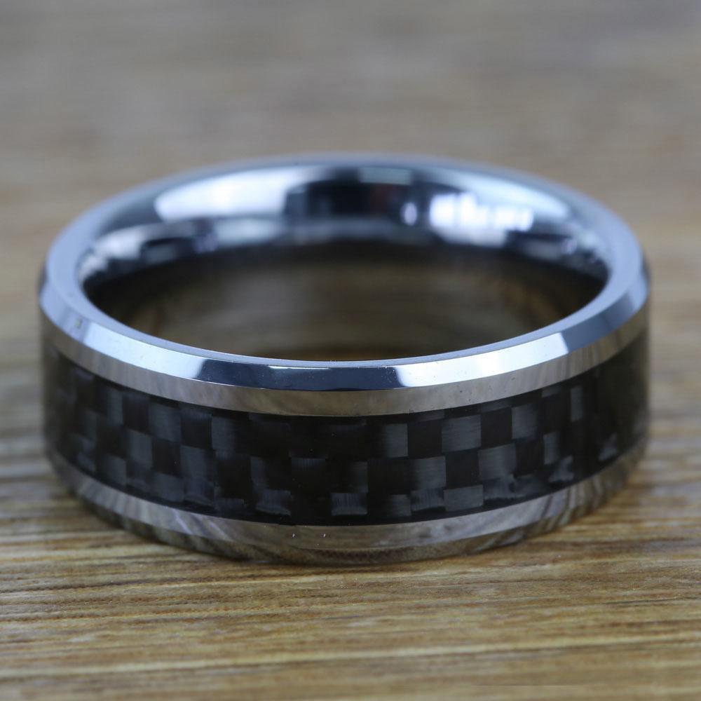 Triton 8.0mm Engraved Comfort Fit Tungsten and Carbon Fiber Inlay Wedding Band (25 Characters