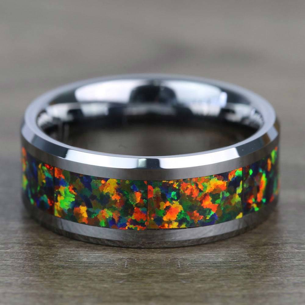 Irradiated - Blue & Orange Opal Inlay Men's Wedding Ring in Tungsten (8mm) | 04