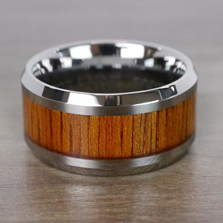 Beveled Men's Ring with Koa Wood Inlay in Tungsten (12mm)