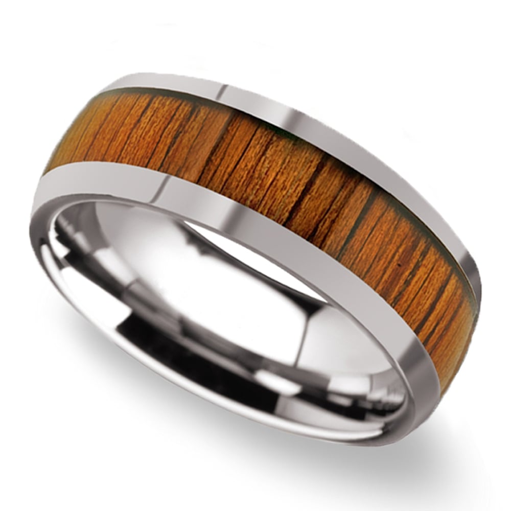 Koa Wood Inlay Mens Domed Profile Wedding Ring Tungsten 8 Mm Angle 