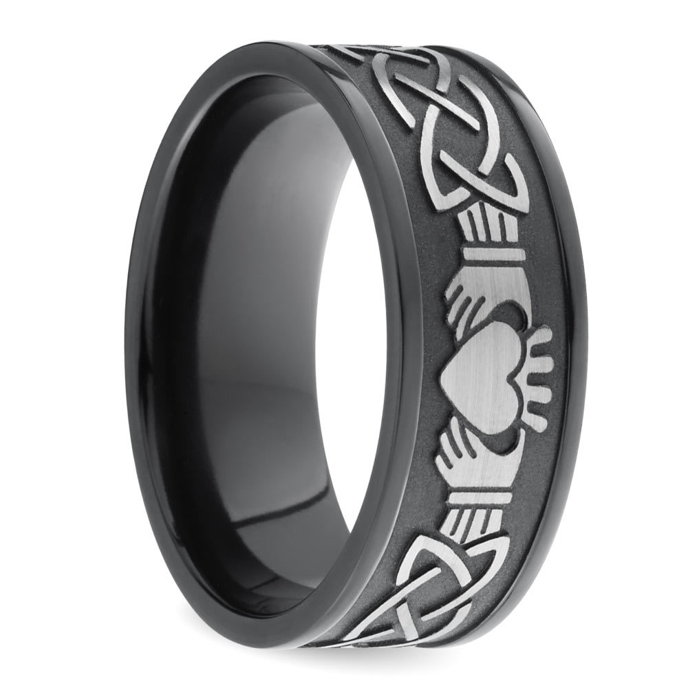 Mens Claddagh Wedding Band In Zirconium - Laser Carved Celtic Design | 02