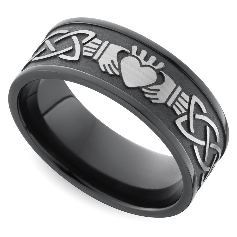 Mens Claddagh Wedding Band In Zirconium - Laser Carved Celtic Design | 01