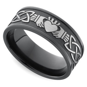 Laser Carved Celtic Claddagh Men's Wedding Ring in Zirconium (9mm)