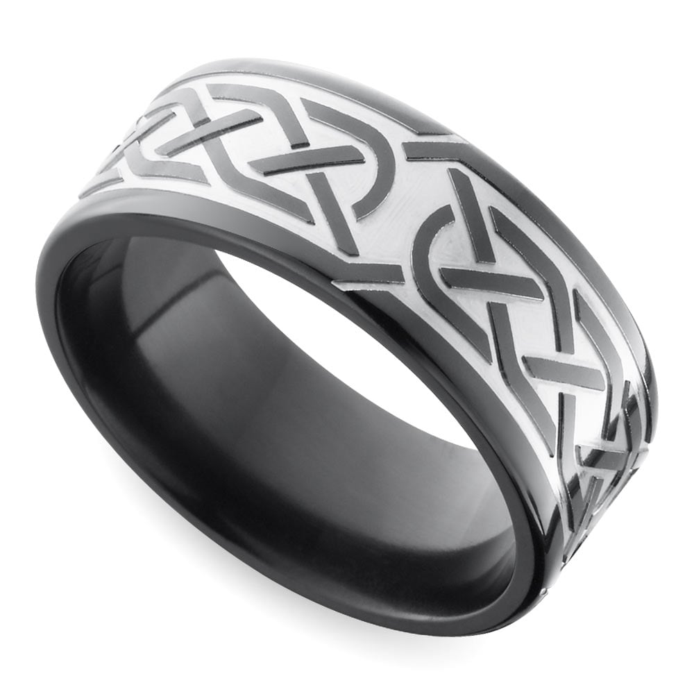 Laser Carved Celtic Knot Men's Wedding Wing in Zirconium