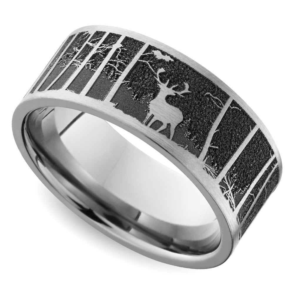 Laser Carved Mountain Themed Men's Wedding Ring in Titanium (8mm) | Zoom