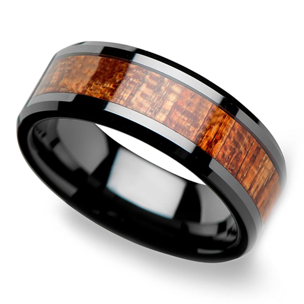 Rich Mahogany - Black Ceramic Mens Ring with Wood Inlay | 01