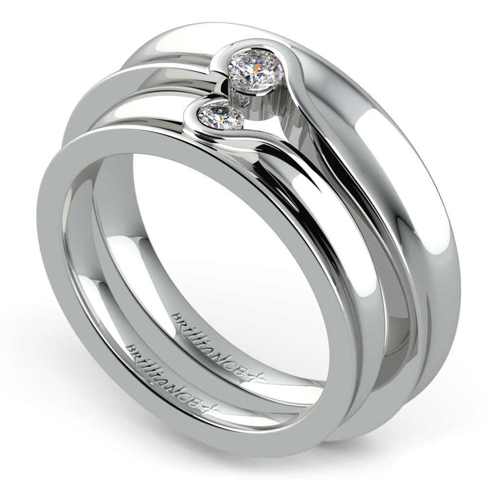 Matching Bezel Heart Concave Diamond Wedding Ring Set in Platinum | 01