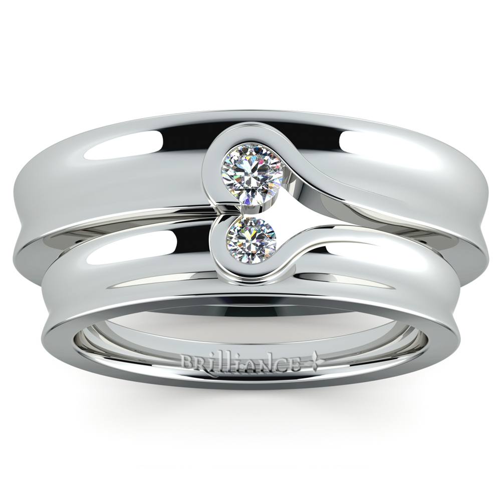 Matching Bezel Heart Concave Diamond Wedding Ring Set in Platinum | 02