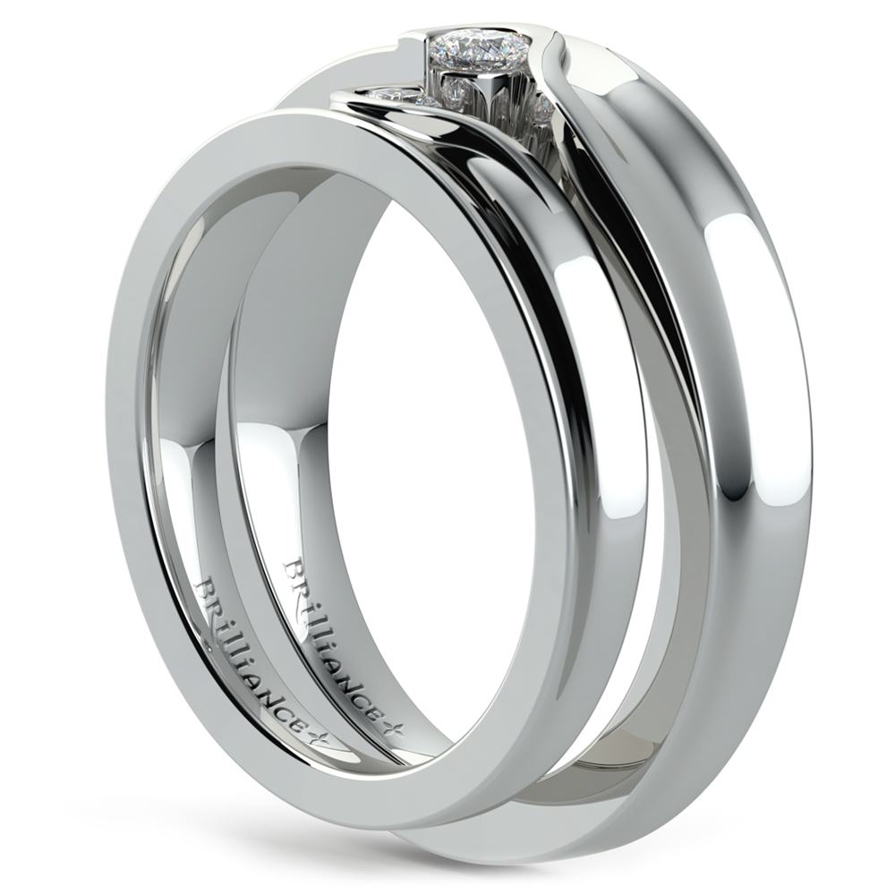 Matching Bezel Heart Concave Diamond Wedding Ring Set in Platinum | 04