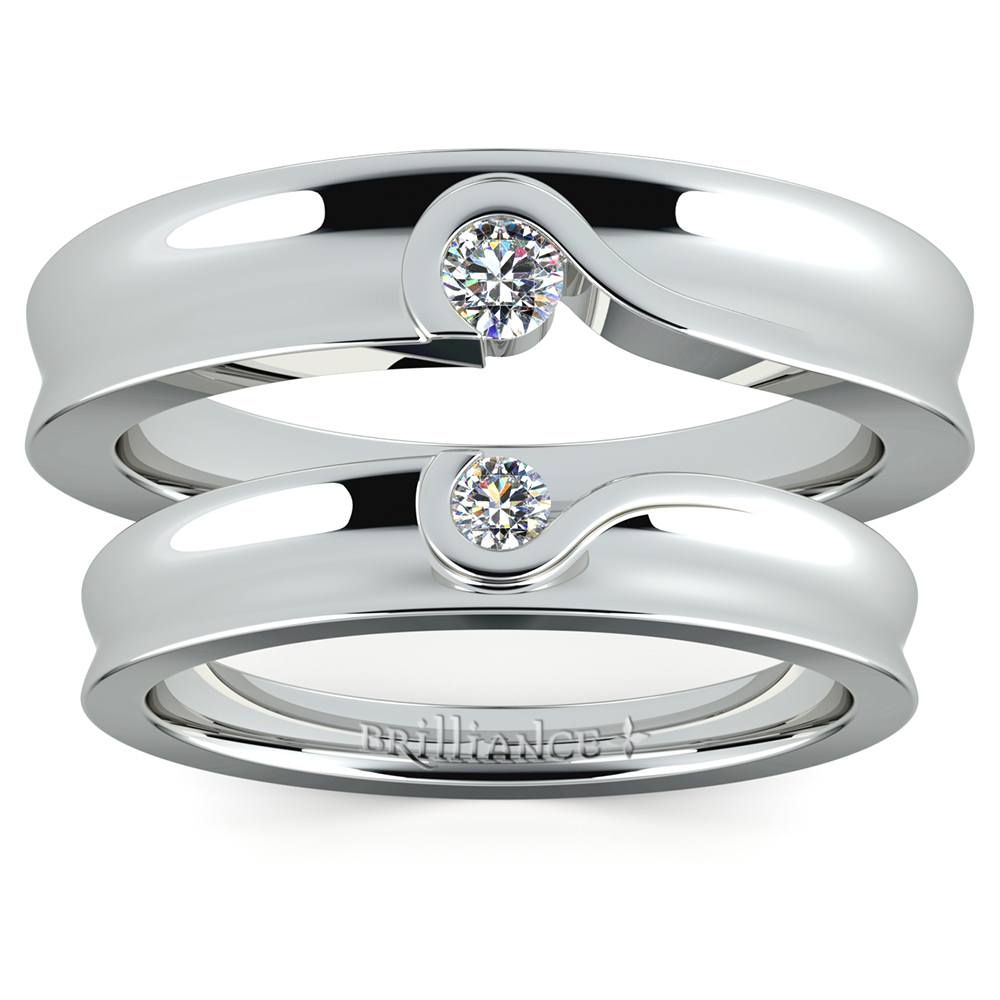 Matching Bezel Heart Concave Diamond Wedding Ring Set in Platinum | 05