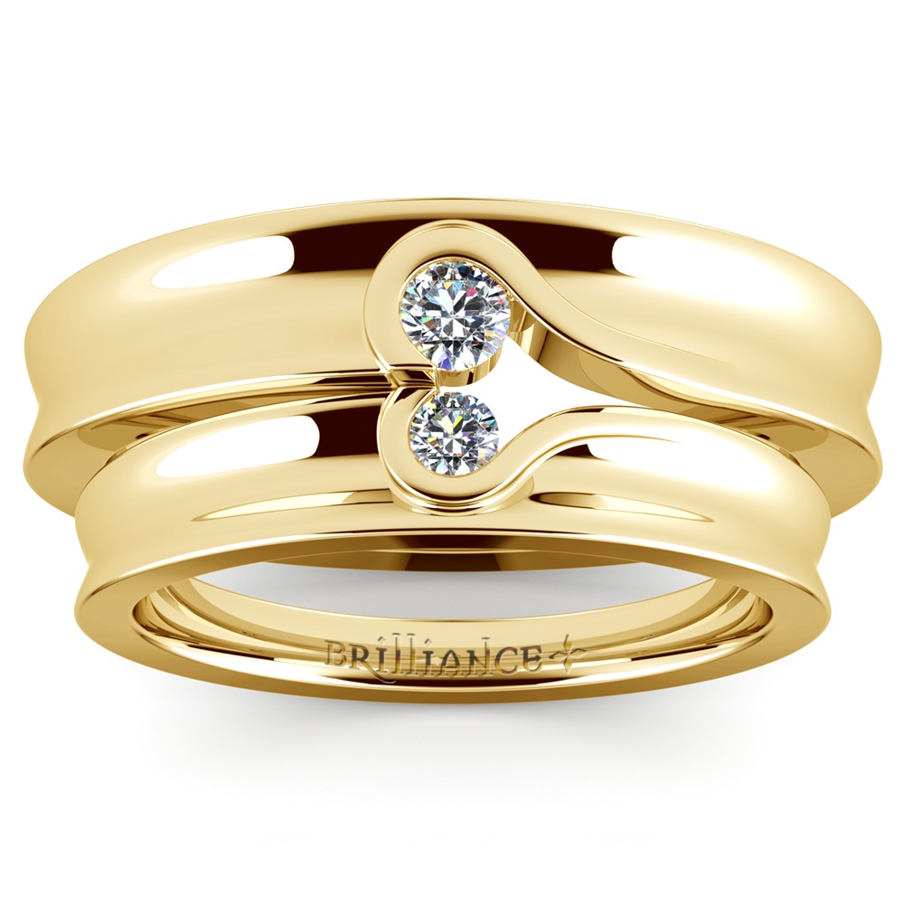 Matching Bezel Heart Concave Diamond Wedding Ring Set in Yellow Gold | 02